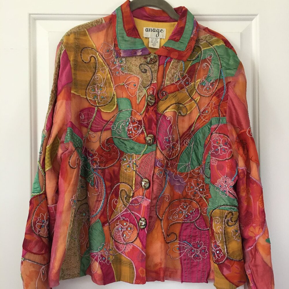 Anage Women's Silk Beaded Jacket Super Colorful! Size Large Made in India